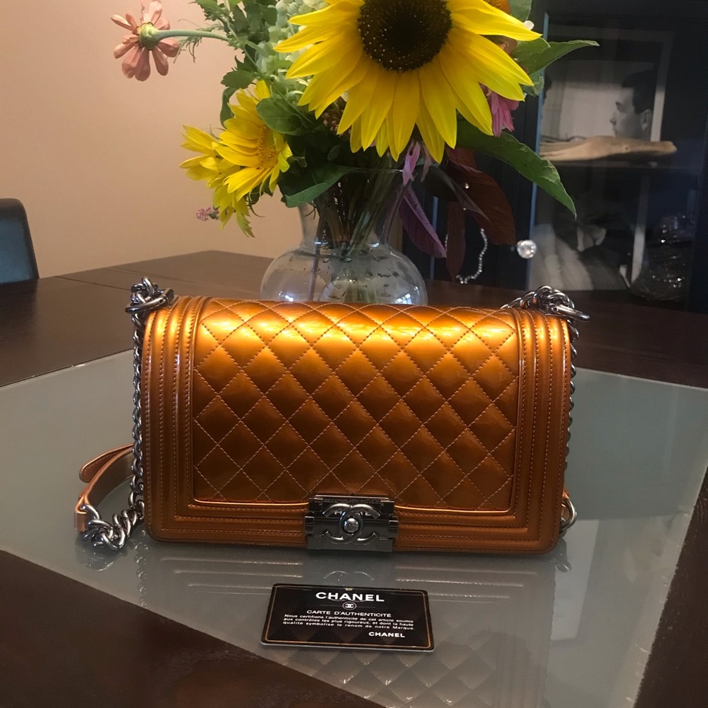Chanel 14S Orange Metallic Patent Leather Boy